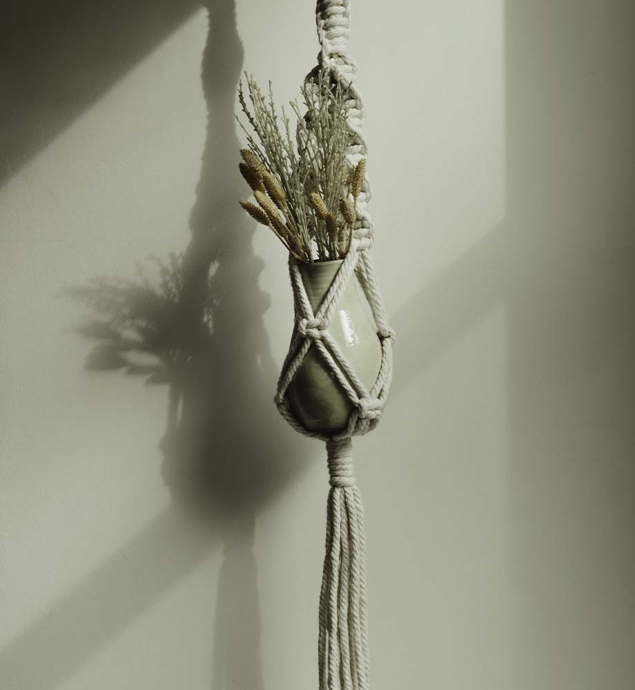 macrome plant hanger with neutral toned plants inside
